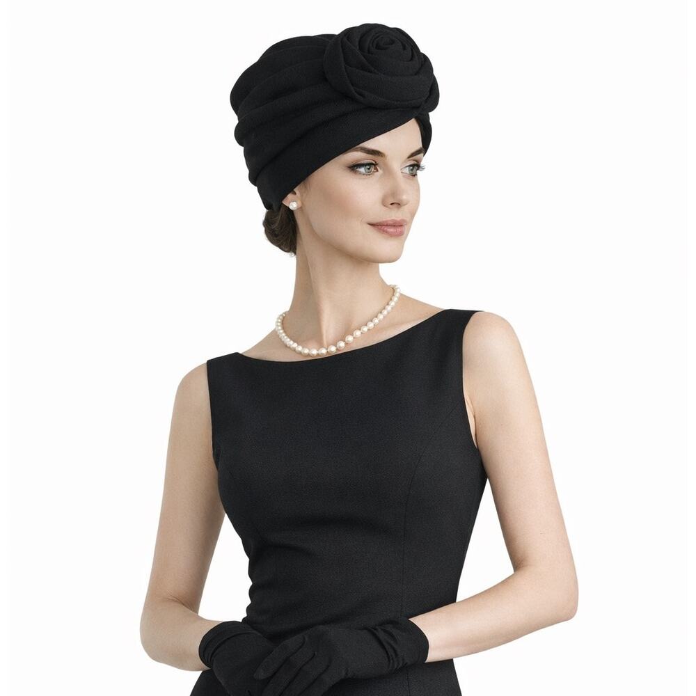 1960s Black Knit Turban Hat Rosette Detail